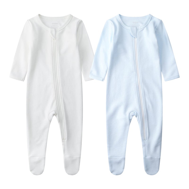 Owlivia Organic Cotton Baby Pajamas, Boys Girls 2-Pack Zip Front Sleep 'N Play, Footed Sleeper, Long Sleeve(Newborn, white+blue) - Image 1